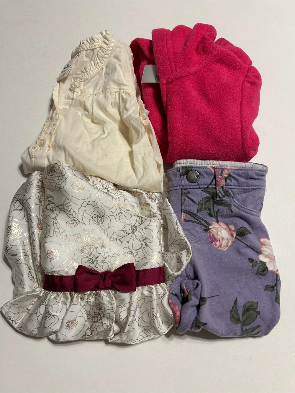 Girls Mixed Outfit Bundle Cream Dress, Fuchsia Top, Lavender Floral Pants 12 Mo